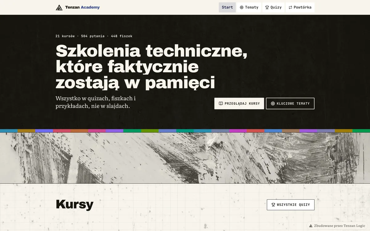 Tenzan Academy: strona startowa platformy z nagłówkiem szkoleń technicznych i listą kluczowych tematów