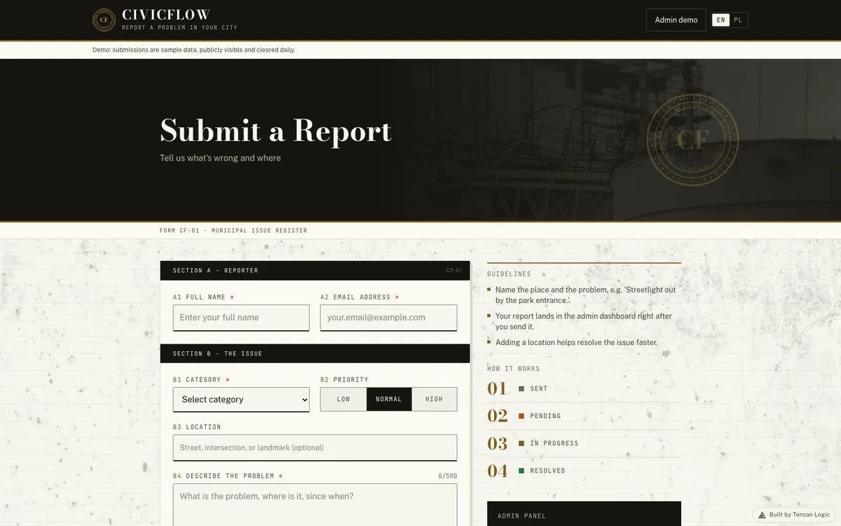 CivicFlow: the resident's report form with category, priority and location, and the list of case statuses