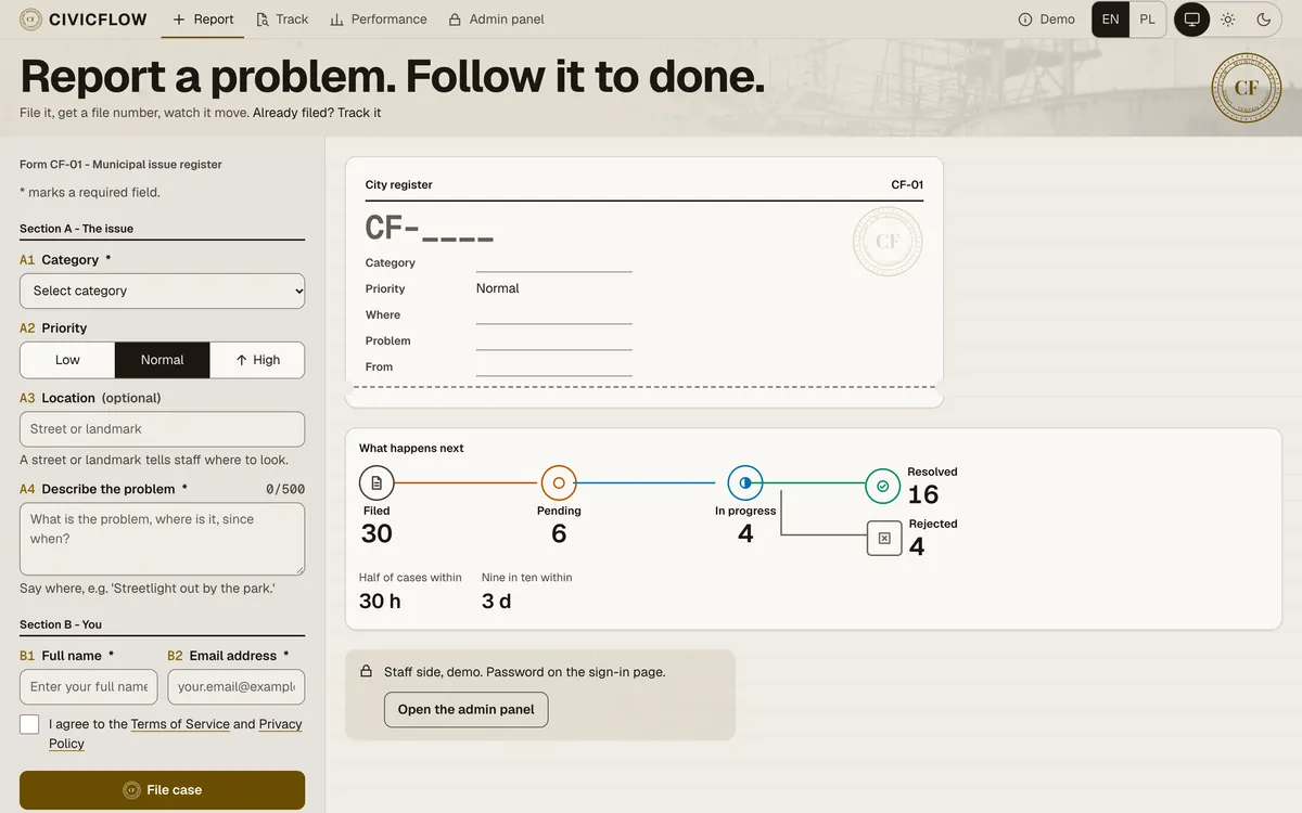 CivicFlow: the report form, a preview of the case card and a status bar with the case count per status (30 registered, 16 resolved)