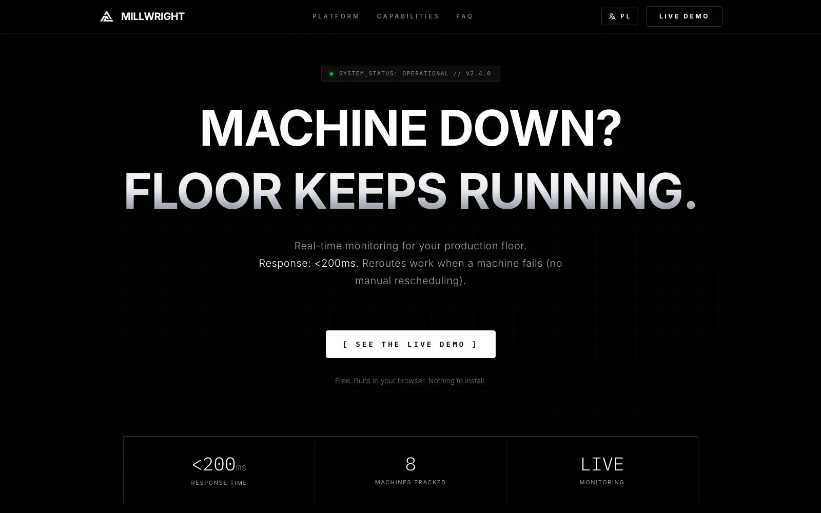 Millwright, strona projektu: sekcja hero z hasłem Machine down? Floor keeps running i statusem systemu