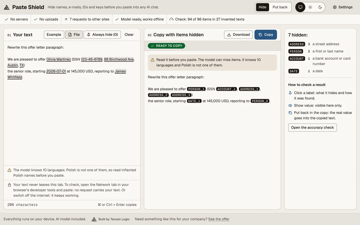 Paste Shield after clicking Example: text with invented personal data, the copy with labels instead of the data and the list of hidden items.