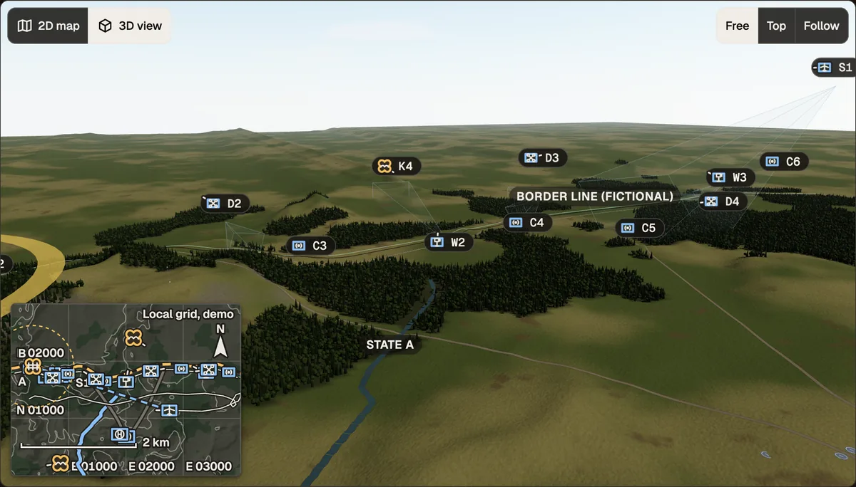 A 3D view of the patrol on the fictional border: hills and forest, a labelled border line, blue symbols for masts W2 and W3, multirotors D2 to D4, sensors C3 to C6 and fixed wing S1, a yellow symbol for the unknown contact K4, and in the corner a local map with a grid marked as demo.