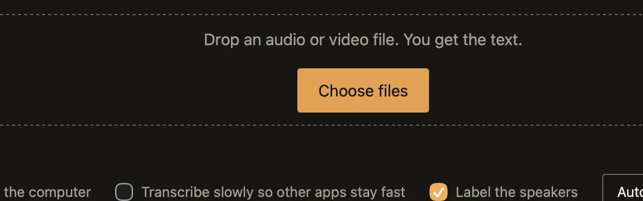 Pole „Drop audio or video files here” z przyciskiem Choose files w oknie Voxmill